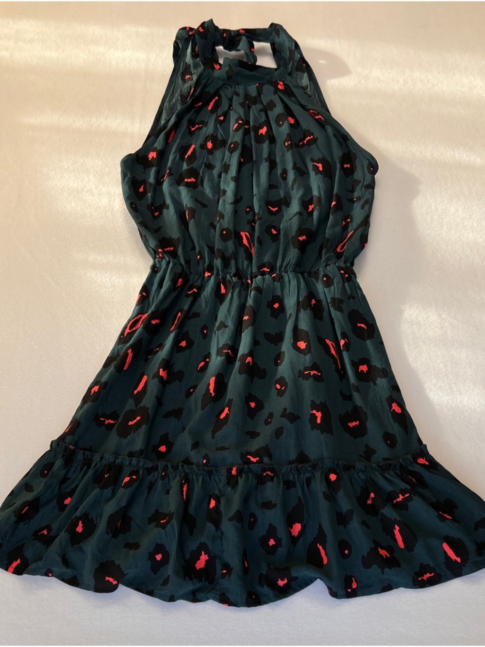 Womens Green Leopard Print Halter Neck Dress Sleeveless Ruffle Hem Mini Summer - Picture 2 of 6